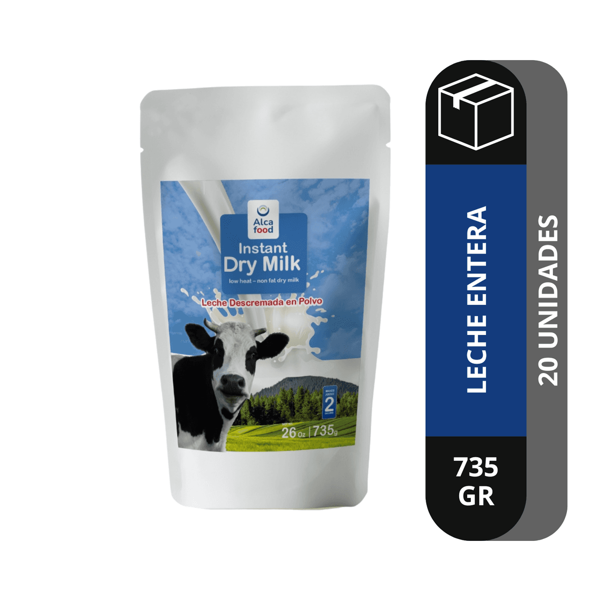 Caja Leche descremada 0% en 735g envase Doy Pack con Zipper