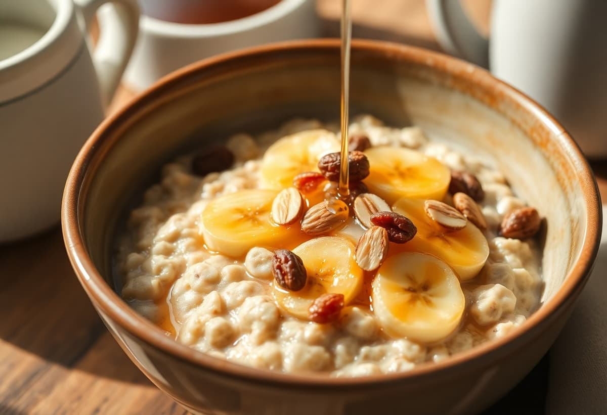 Avena con Pasas, Almendras y Plátano Caramelizado