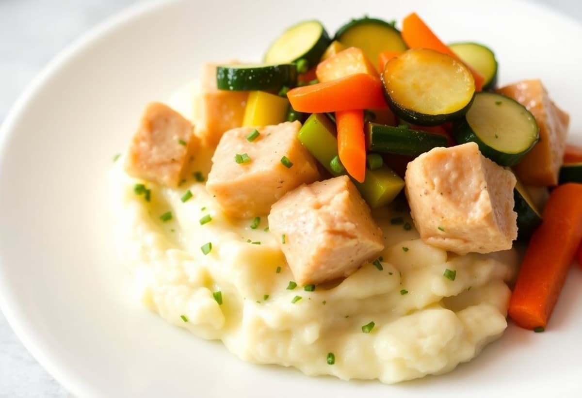 Puré Ciboulette con Pollo Salteado y Verduras