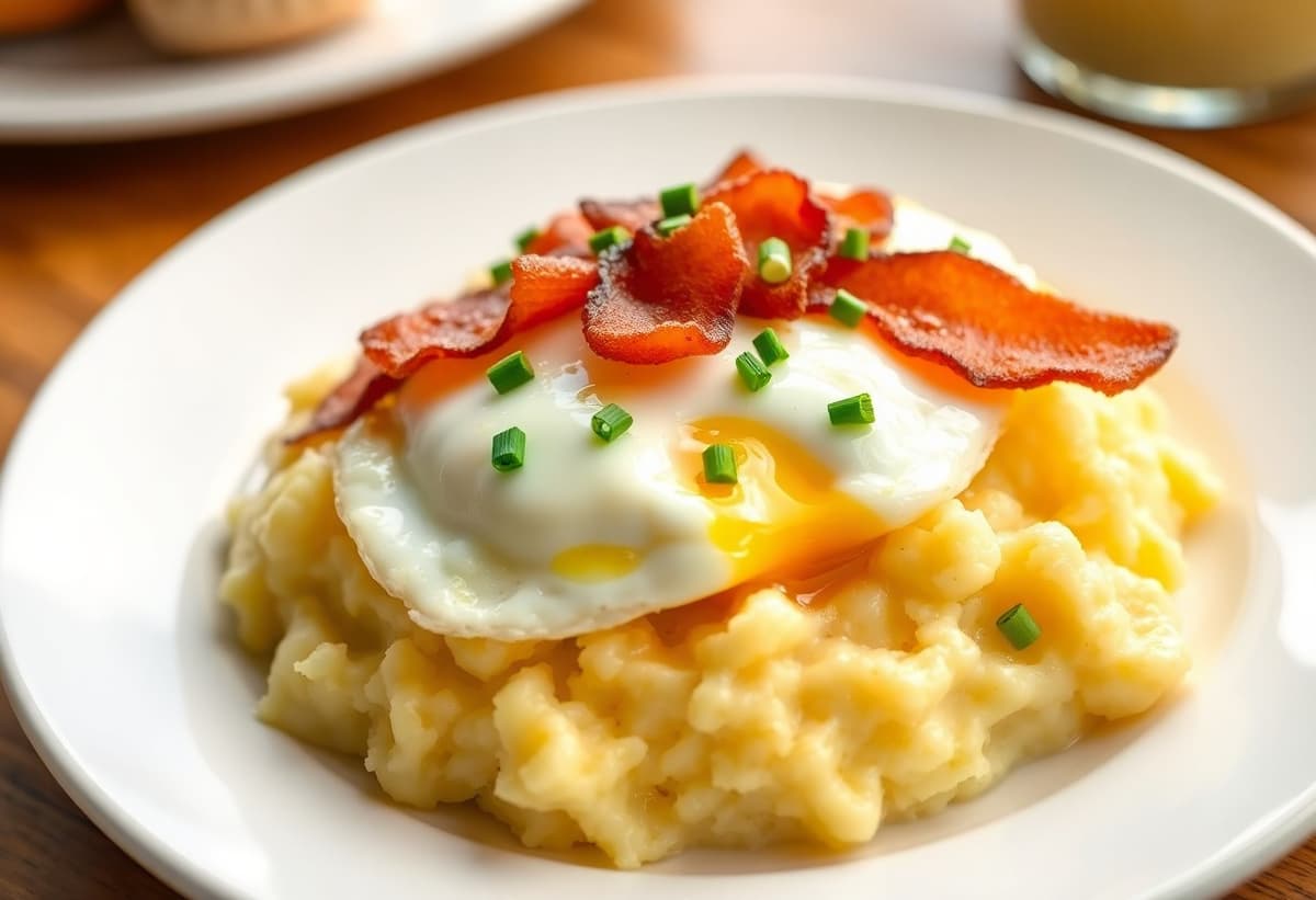 Puré con Huevo Revuelto y Tocino Crocante