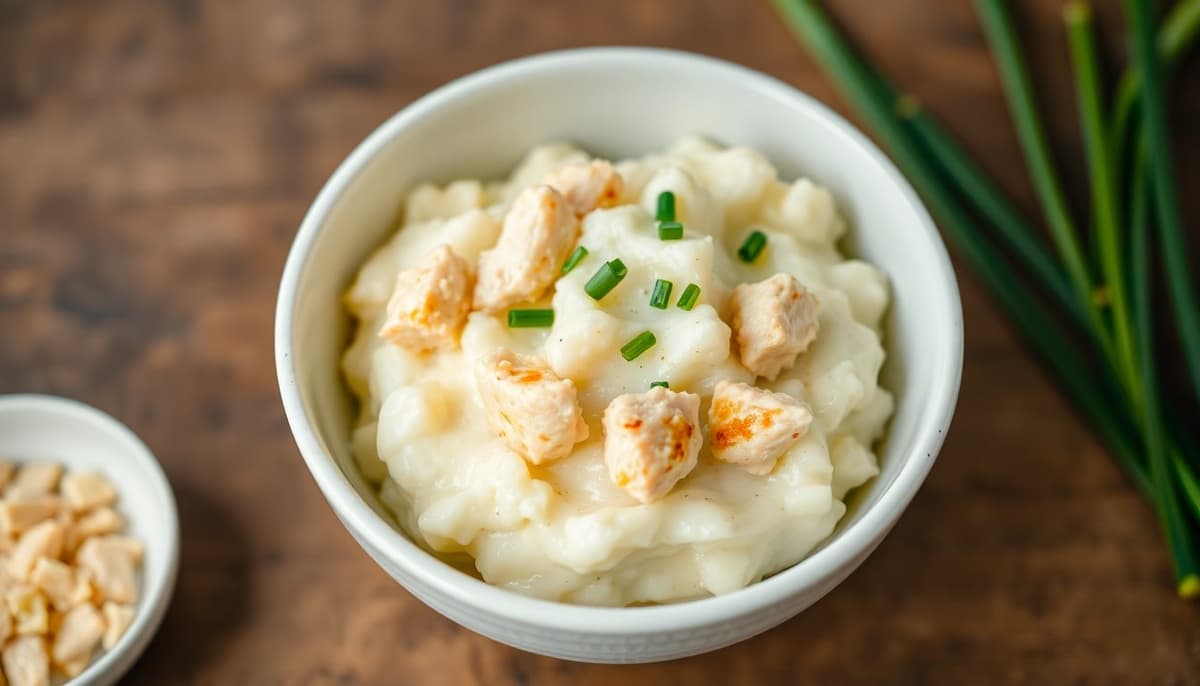 Pure de Ciboulette con Trocitos de Pollo y Crutones